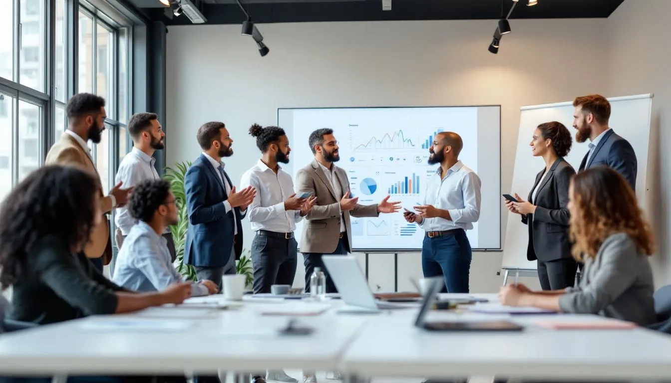 A diverse group of professionals is actively engaged in a modern presentation, showcasing stunning slides and collaborating as a team to create customized presentations. They are utilizing various tools and technologies to enhance their workflow and effectively communicate their ideas to the audience.