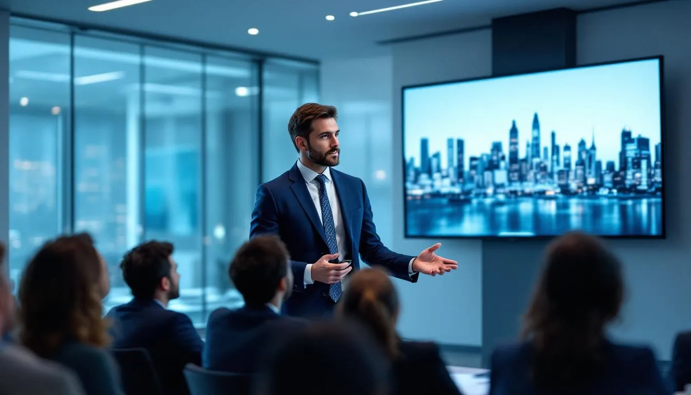 A professional is delivering a dynamic presentation to an engaged audience, utilizing modern technology and stunning slides to enhance the experience. The setting showcases a collaborative environment where the presenter effectively communicates ideas while leveraging customized presentations to captivate the audience.